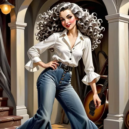 Prompt: Disney beautiful full body woman with long flowing curly grey hair dancing to rock and roll music wearing bell bottom jeans and a white button up blouse tied at the waste in the style of Tamara de Lempicka
