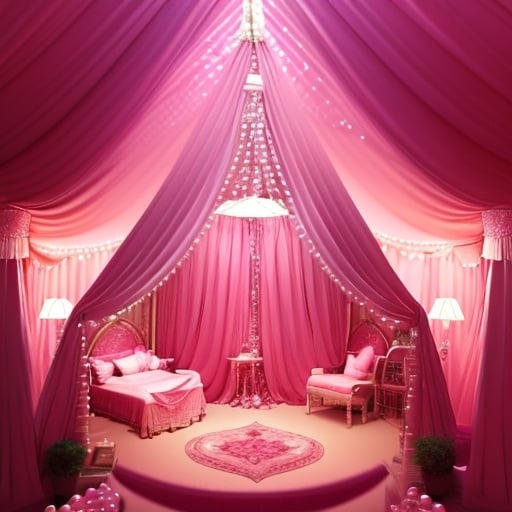 Prompt: Pink circus tent with open curtains, pretty pink pearls, soft glowing light from within, high quality, soft pastel, dreamy lighting, circus, girly, detailed pearls, with a Beautiful sky in the background