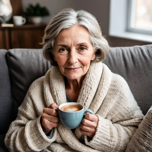 Prompt: An beautiful older woman snuggled up on the couch with a cup of coffee