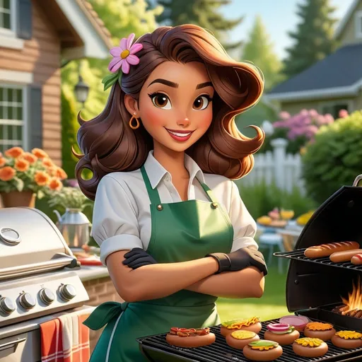 Prompt: Create a vibrant summer scene where a young woman stands confidently at a grill, flipping burgers and hot dogs. She wears a chef's apron and oven mittens, her shoulder-length hair flowing gently in the breeze. Behind her, the backyard is lush and inviting, with blooming flowers, a neatly trimmed lawn, and a few trees providing shade. The sun is shining, casting a warm glow over the scene, and there's a sense of joy and relaxation in the air. Smoke rises from the grill, hinting at the delicious aroma of the food she's preparing, making it clear this is a perfect day for a backyard barbecue.