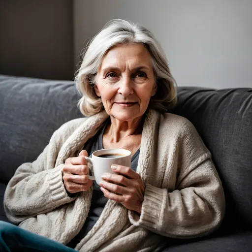 Prompt: An beautiful older woman snuggled up on the couch with a cup of coffee