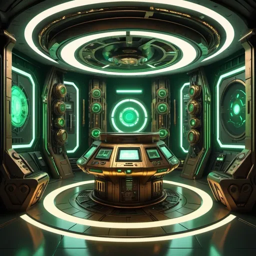 Prompt: Anime cyberpunk style,  highly detailed, HD, Interior design: Sci-fi, steampunk, eclectic
Color scheme: Bronze, gold, green hues
Central console: Hexagonal shape, retro-futuristic controls, levers, switches, glowing lights
Time rotor: Central column, glowing, moving up and down
Console room: Spacious, circular, multi-level
Walls: Organic texture, coral-like, roundels (circular patterns)
Lighting: Ambient, soft glow, moody
Floor: Grated metal, industrial look
Details: Alien technology, screens, cables, random gadgets
Atmosphere: Mystical, advanced technology, timeless

