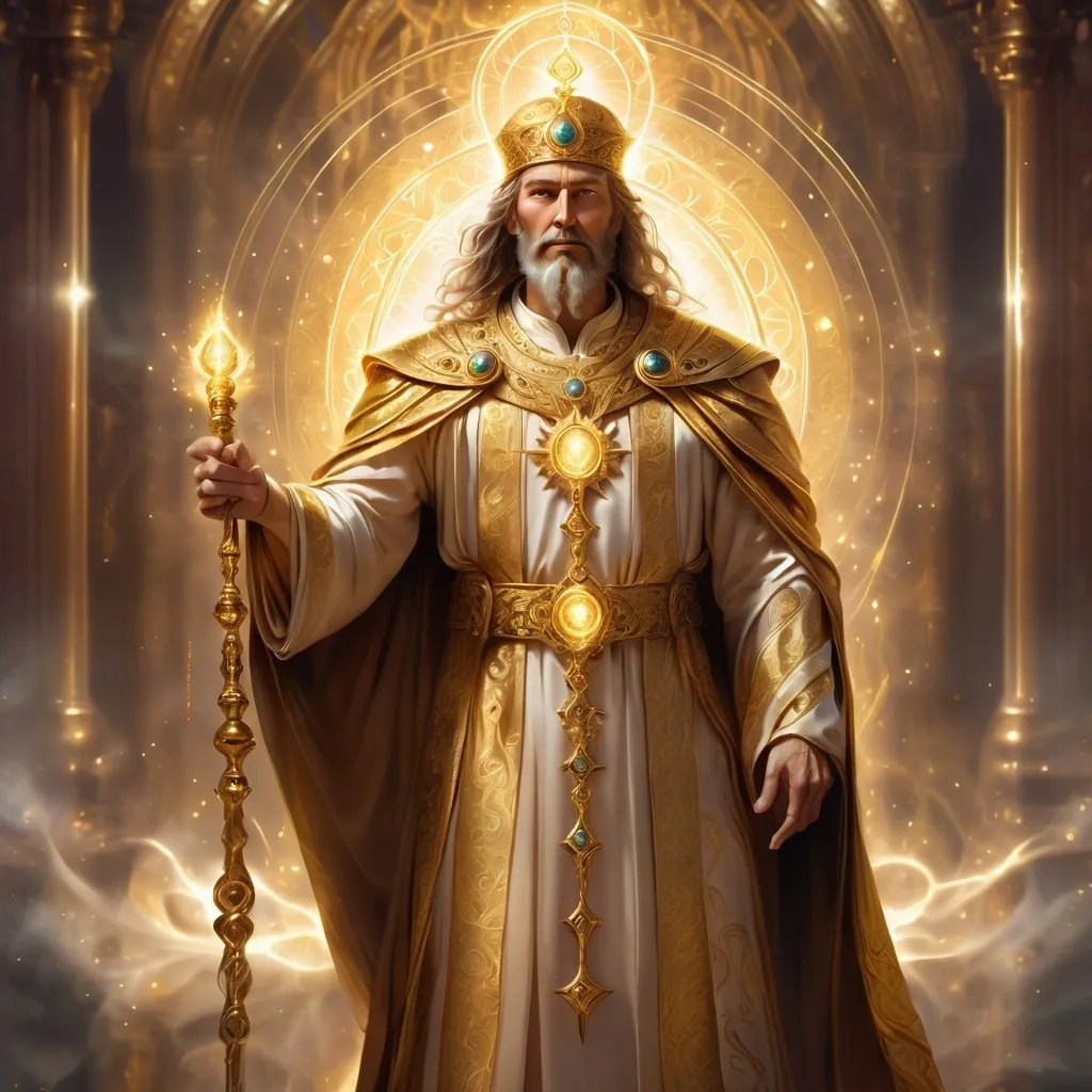 Prompt: High priest in a golden robe, elaborate religious symbols, mystical aura, glowing, 4k, ultra-detailed, digital painting, fantasy, golden tones, ethereal lighting, intricate details, regal, mystical, professional, atmospheric lighting, fantasy, one person, man, staff of health