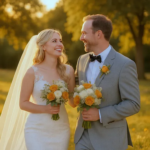 Prompt: Una fotografía de recién casado cálida y felices