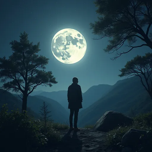 Prompt: humans around nature watch the moon through his eye
