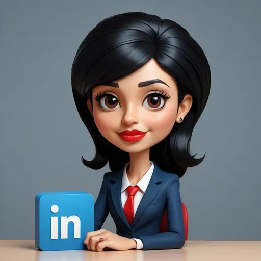 Prompt: Create a 3D illustration of an animated character of a handsome girl sitting casually on top of a social media logo “linkedin”. The character must wear dark blue suit clothes and she has straight black hair with big dark brown eyes. Also she has light skin with red lipstick.The profile picture of the character is mockup of his linkedin profile page with profile name “sogand-ahmadinejad-24a318260”.