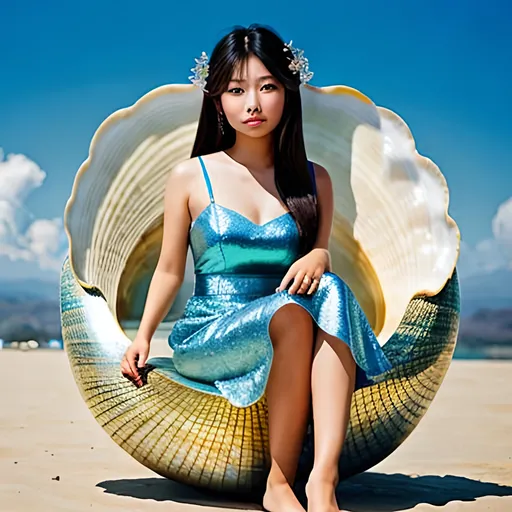 Prompt: (((beautiful asian lady))), sitting in a clam shell(((diamonds surrounding her, atmospheric, 8k