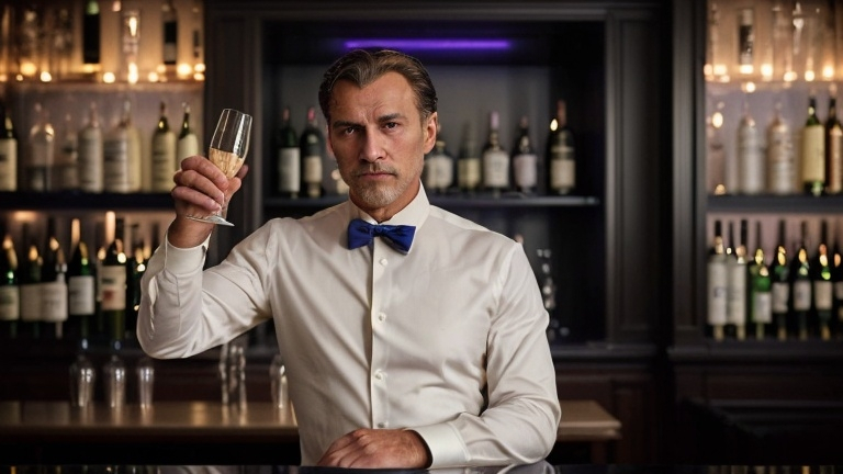 Prompt: "A well-dressed man in his early 60s, with salt-and-pepper hair neatly combed, leans casually on the bar counter with his elbow. He wears a tailored dark suit with a crisp white shirt, exuding sophistication. The setting is an upscale bar, with a sleek, modern design. Behind him, an illuminated shelf of champagne bottles casts a soft glow, creating a light bokeh effect in the background. The bar is bathed in a rich color palette of purples and blues, which subtly reflects off the polished surfaces and the man's attire, giving the scene a classy, elegant atmosphere."