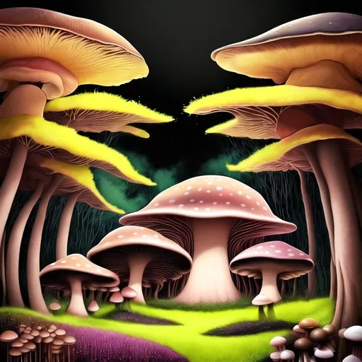 Prompt: (realism style), (warm color scheme), painting of (many different colored mushrooms), in a lush forest with (grass and tall trees), (black background) providing a stark contrast, (black border) framing the artwork, (Eden Box) theme, (psychedelic art), vibrant tones, (digital rendering), captivating details, enchanting ambiance, (highly detailed), overall a mesmerizing and otherworldly experience.