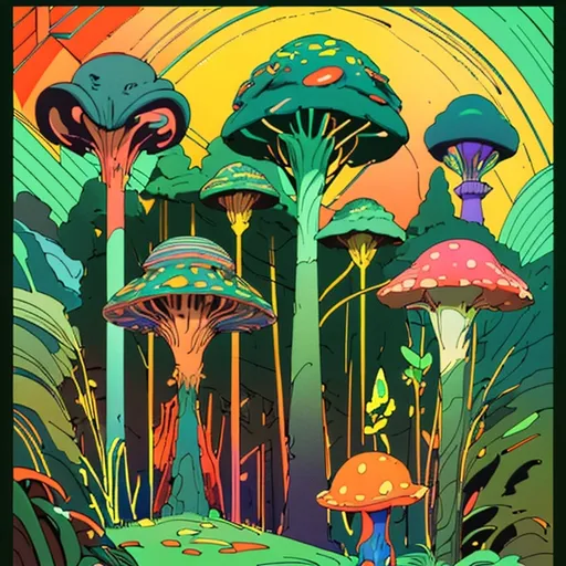 Prompt: (art deco style), (vibrant color scheme), colorful mushrooms, lush green grass, green border, magical atmosphere, psychedelic elements, influence of DMT, high-quality illustration, concept art, intricate details, bold geometric patterns, abstract forms, manages to evoke wonder and allure.