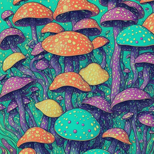 Prompt: (art nouveau style), painting of vibrant, colored mushrooms, (black background), droplets of water on the ground, (psychedelic art), bold and dynamic color scheme, Art Green, high contrast, intricate patterns, expressive forms, visually captivating composition, (poster art), ultra-detailed, stunning visual depth, enchanting and whimsical atmosphere, conveying a sense of wonder and magic.