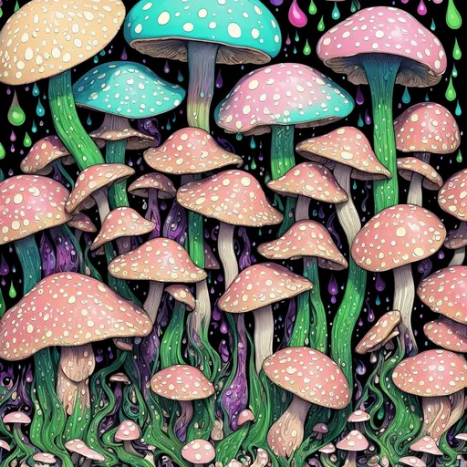 Prompt: (art nouveau style), painting of vibrant, colored mushrooms, (black background), droplets of water on the ground, (psychedelic art), bold and dynamic color scheme, Art Green, high contrast, intricate patterns, expressive forms, visually captivating composition, (poster art), ultra-detailed, stunning visual depth, enchanting and whimsical atmosphere, conveying a sense of wonder and magic.