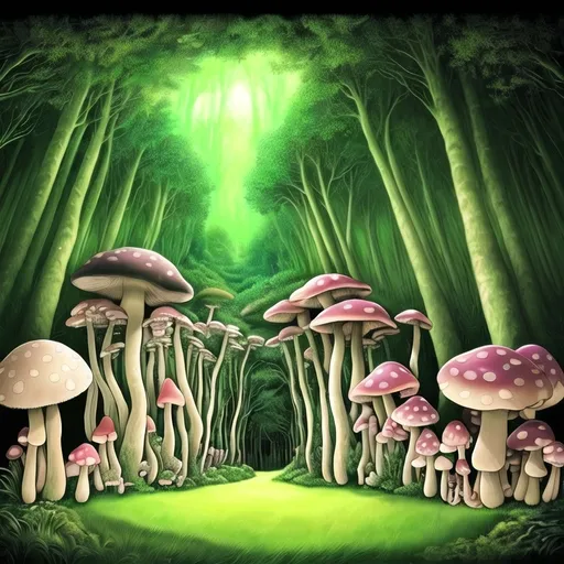 Prompt: (realism style), (vibrant colored mushrooms), lush forest setting, intricate grass details, tall trees framing the scene, surreal black background, elegant black border, cozy and mystical ambiance, (Eden Box), (psychedelic art), lucid and dreamlike atmosphere, HD, ultra-detailed digital rendering, warm color scheme, enchanting forest floor, unique mushroom shapes and sizes, soft lighting effects.