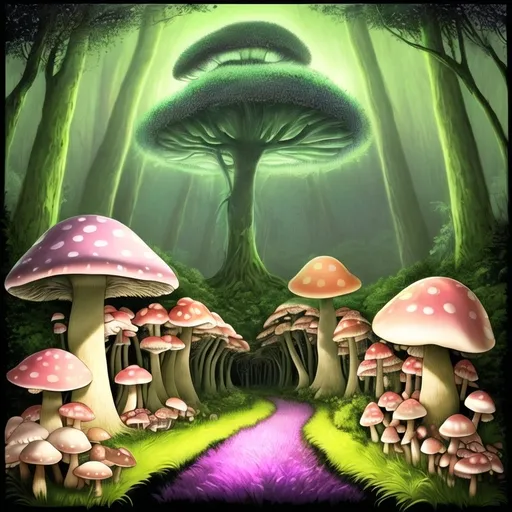 Prompt: (realism style), (vibrant colored mushrooms), lush forest setting, intricate grass details, tall trees framing the scene, surreal black background, elegant black border, cozy and mystical ambiance, (Eden Box), (psychedelic art), lucid and dreamlike atmosphere, HD, ultra-detailed digital rendering, warm color scheme, enchanting forest floor, unique mushroom shapes and sizes, soft lighting effects.