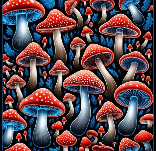 Prompt: (vibrant mushrooms), (black background), (blue border), (red border), psychedelic art, futuristic-futuristic style, colorful display, intricate details, surrealistic composition, high depth, lively hues, mesmerizing patterns, artistic mastery, mesmerizing visuals, ultra-detailed, mood of wonder and curiosity.