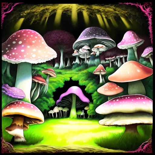 Prompt: (realism style), (warm color scheme), painting of (many different colored mushrooms), in a lush forest with (grass and tall trees), (black background) providing a stark contrast, (black border) framing the artwork, (Eden Box) theme, (psychedelic art), vibrant tones, (digital rendering), captivating details, enchanting ambiance, (highly detailed), overall a mesmerizing and otherworldly experience.