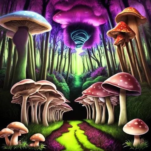 Prompt: (realism style), (vibrant colored mushrooms), lush forest setting, intricate grass details, tall trees framing the scene, surreal black background, elegant black border, cozy and mystical ambiance, (Eden Box), (psychedelic art), lucid and dreamlike atmosphere, HD, ultra-detailed digital rendering, warm color scheme, enchanting forest floor, unique mushroom shapes and sizes, soft lighting effects.