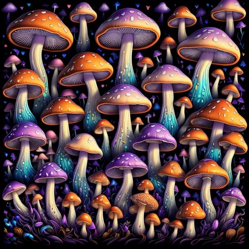 Prompt: (painting of mushrooms), vibrant purple and white colors, (dripping water), rich and deep black background, influenced by (Chris LaBrooy), (psychedelic art), mesmerizing patterns, intricate details, and layering, showcasing pointillism technique, high definition, vivid and surreal ambiance, captivating and dreamlike atmosphere, featuring a dazzling array of forms and textures.