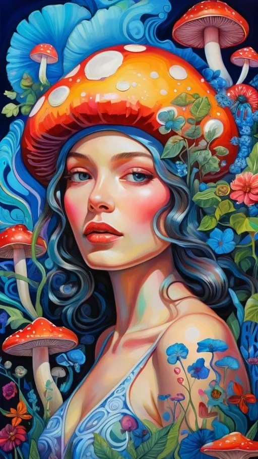 Prompt: (art deco style), vibrant psychedelic painting, (intricate details), feminine figure surrounded by lush mushroom and vivid flowers, deep blue sky, inspired by Android Jones, strong color contrasts, swirling patterns, dreamlike elements, highly detailed, capturing the essence of nature's beauty, (masterpiece quality), enchanting, visually captivating atmosphere.