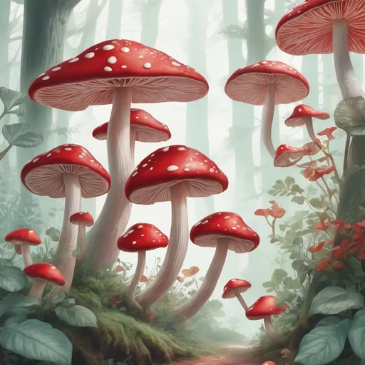 Prompt: (photorealistic), pastel color scheme, (detailed illustration), vibrant red mushrooms, delicate green leaves, whimsical composition, white background, capturing the essence of Evaline Ness, enchanting storybook vibe, psychedelic art elements, intricate textures, captivating and dreamy atmosphere, inviting serene ambiance, ultra-detailed, showcasing the beauty of nature's diversity, soft lighting, nature-inspired art.