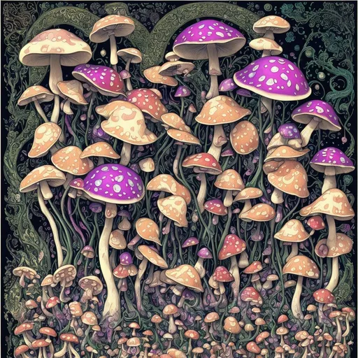 Prompt: (Art Nouveau painting), vibrant mushroom garden, striking colors, (black background), glistening drops of water on mushrooms and ground, surreal and dreamy atmosphere, (psychedelic art), intricate patterns and curves, lush textures, botanical elements, visually captivating, high detail, (poster art), contrast enhanced, ultra-detailed composition, rich interpretation of nature.