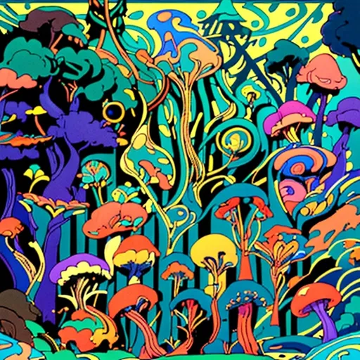 Prompt: (art deco style), (vibrant color scheme), colorful mushrooms, lush green grass, green border, magical atmosphere, psychedelic elements, influence of DMT, high-quality illustration, concept art, intricate details, bold geometric patterns, abstract forms, manages to evoke wonder and allure.