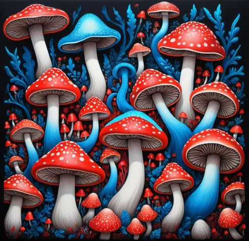 Prompt: (futuristic painting), vibrant (colorful mushrooms), psychedelic art, intricate details, (black background), (blue border), (red border), inspired by Chris LaBrooy, vivid tonal contrasts, (highly detailed), whimsical shapes, dreamlike atmosphere, imaginative design, (kaleidoscopic colors), capturing the essence of a surreal, otherworldly forest.