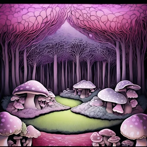 Prompt: (realism style), (warm color scheme), painting of (many different colored mushrooms), in a lush forest with (grass and tall trees), (black background) providing a stark contrast, (black border) framing the artwork, (Eden Box) theme, (psychedelic art), vibrant tones, (digital rendering), captivating details, enchanting ambiance, (highly detailed), overall a mesmerizing and otherworldly experience.