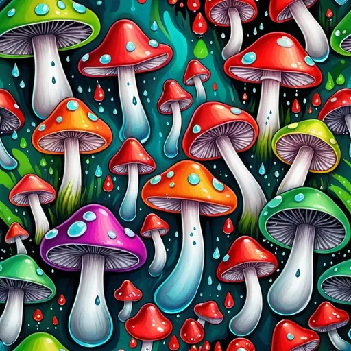 Prompt: (vibrant pop art style painting), (colorful mushrooms), drops of water on the ground, high contrast, Whimsical Background, psychedelic art, bursts of color, bold and dynamic shapes, playful composition, eye-catching, Art Green, Art Red, influence, reflections in water, extraordinary depiction of nature, seamless blend of colors, (high quality, ultra-detailed).