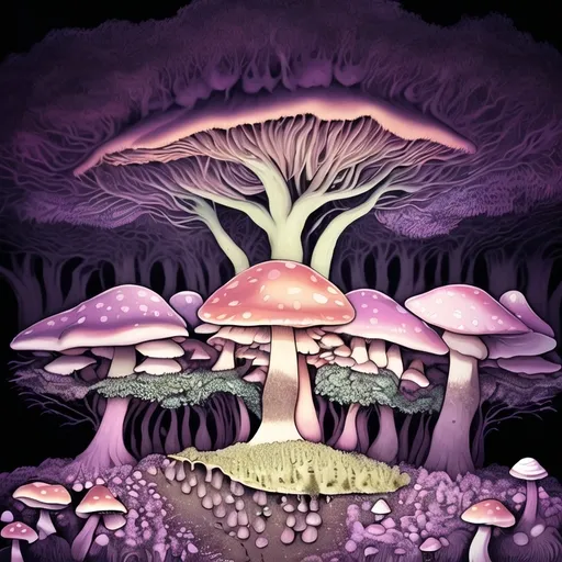 Prompt: (realism style), (warm color scheme), painting of (many different colored mushrooms), in a lush forest with (grass and tall trees), (black background) providing a stark contrast, (black border) framing the artwork, (Eden Box) theme, (psychedelic art), vibrant tones, (digital rendering), captivating details, enchanting ambiance, (highly detailed), overall a mesmerizing and otherworldly experience.