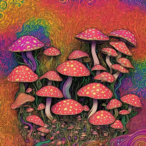 Prompt: (art nouveau style), vibrant color scheme, (psychedelic art), colorful mushrooms, (black background), water drops on the ground, intricate patterns, flowing lines, dynamic shapes, lush greens, deep reds, bright yellows, surreal ambiance, captivating design, high detail, ultra-detailed, poster art quality.