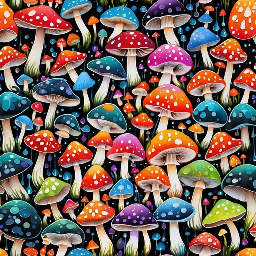 Prompt: Art Nouveau style painting, (vibrant colors), a plethora of colorful mushrooms showcasing exquisite detail, draped against a striking black background, droplets of water artistically scattered on the ground, adding a glistening effect, infused with (psychedelic art elements), whimsical patterns and flowing lines, all resonating with a magical, enchanting atmosphere, making it an eye-catching poster art masterpiece.