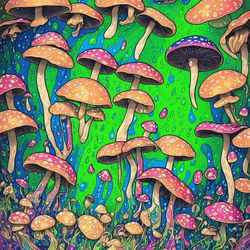 Prompt: (art nouveau style), painting of vibrant, colored mushrooms, (black background), droplets of water on the ground, (psychedelic art), bold and dynamic color scheme, Art Green, high contrast, intricate patterns, expressive forms, visually captivating composition, (poster art), ultra-detailed, stunning visual depth, enchanting and whimsical atmosphere, conveying a sense of wonder and magic.