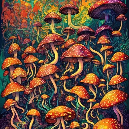 Prompt: Art Nouveau style painting, (vibrant colors), a plethora of colorful mushrooms showcasing exquisite detail, draped against a striking black background, droplets of water artistically scattered on the ground, adding a glistening effect, infused with (psychedelic art elements), whimsical patterns and flowing lines, all resonating with a magical, enchanting atmosphere, making it an eye-catching poster art masterpiece.