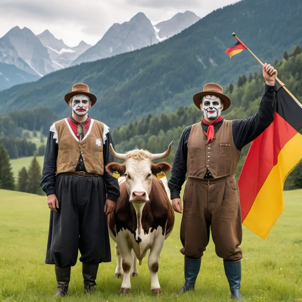 Prompt: Two scary bavarians in traditional German clothing stand on a meadow together with a cow.

They hold a German flag.