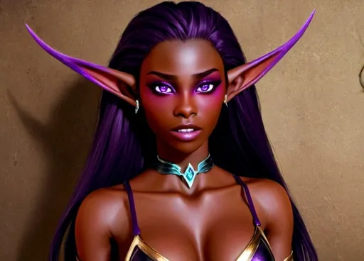 Prompt: Stunning blood elf female, dark cocoa skin, long elf ears, purple eyes with purple sclera, mid 20s, shoulder length purple straight hair, almond shape eyes
