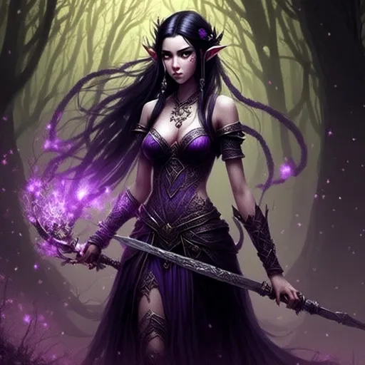 Prompt: young rogue female elf very long braided black hair white and black and purple dress holding long sword<mymodel>