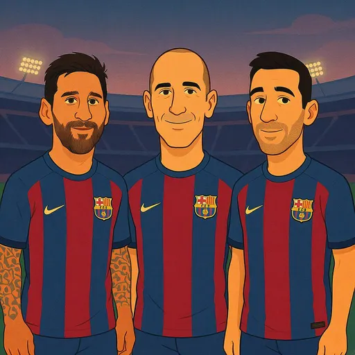 Prompt: Cartoon-style illustration of Lionel Messi, Xavi Hernandez, and Andres Iniesta standing side by side in their classic FC Barcelona kit from the 2010s (red and blue vertical stripes), during pre-match warm-up, with a stadium background, nostalgic lighting, clean vector style, flat colors, TikTok viral aesthetic
