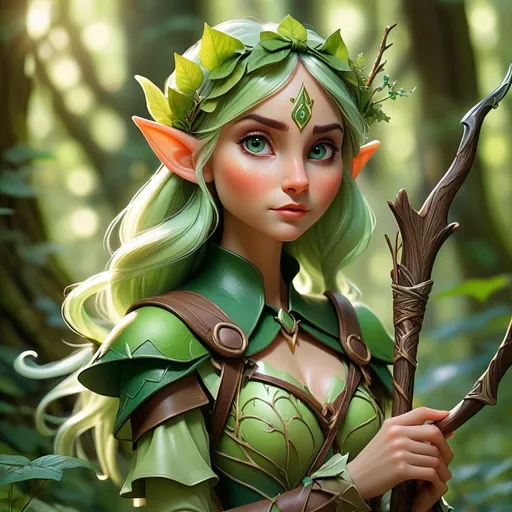 Prompt: (Elf ranger), enchanting (mystical forest), dappled sunlight filtering through lush green foliage, ethereal atmosphere, vibrant greenery, intricate (elf attire) with detailed accessories, bow and quiver in hand, whimsical creatures peeking through the trees, tranquil and serene vibe, (ultra-detailed), captivating light and shadow play, fantasy theme, magical woodland environment.