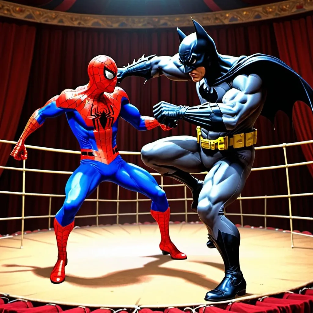 Prompt: Spiderman fighting Batman in a circus