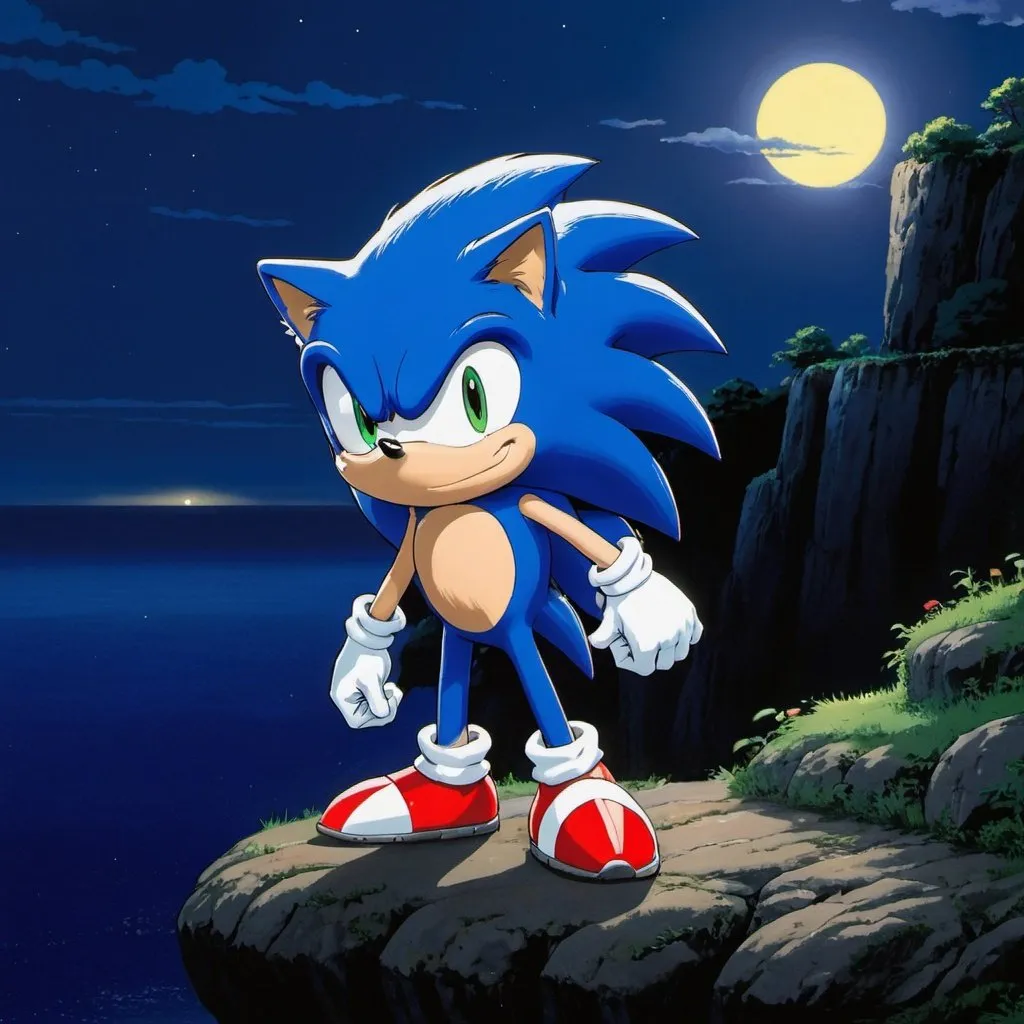 Prompt: studio ghibli, Sonic the hedgehog standing, night scene, cliff