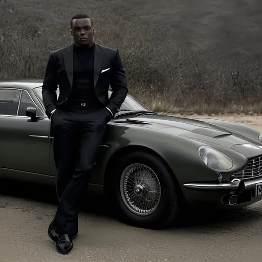 Prompt: Can you recreate the aston martin 007 photo poster but have Julio Jones leaning on the car instead. 

