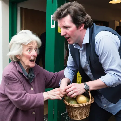 Prompt: Diarmuid Gavin stealing from an old woman