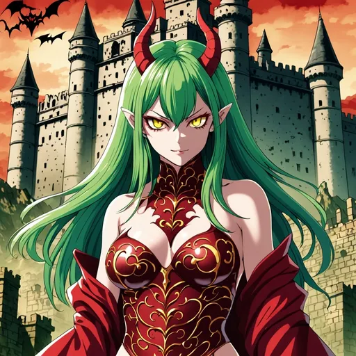 Prompt: demon woman, crimson skin, green hair, golden eyes, waist up, facing camera, ancient castle background, manga book cover.