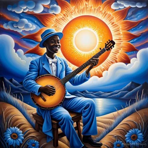 Prompt: Rhapsody in blue album cover, banjo, banjo strings  covering the sun, surreal art, high quality, detailed, oil painting, vibrant colors, whimsical style, dreamy atmosphere, musical fantasy, intricate details, fantasy landscape, magical glow, professional, surrealistic, vibrant tones, atmospheric lighting