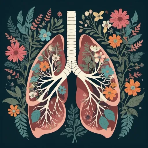 Prompt: A graphic stilized lung composed with flowers and bothanical plants illustred and colorful details