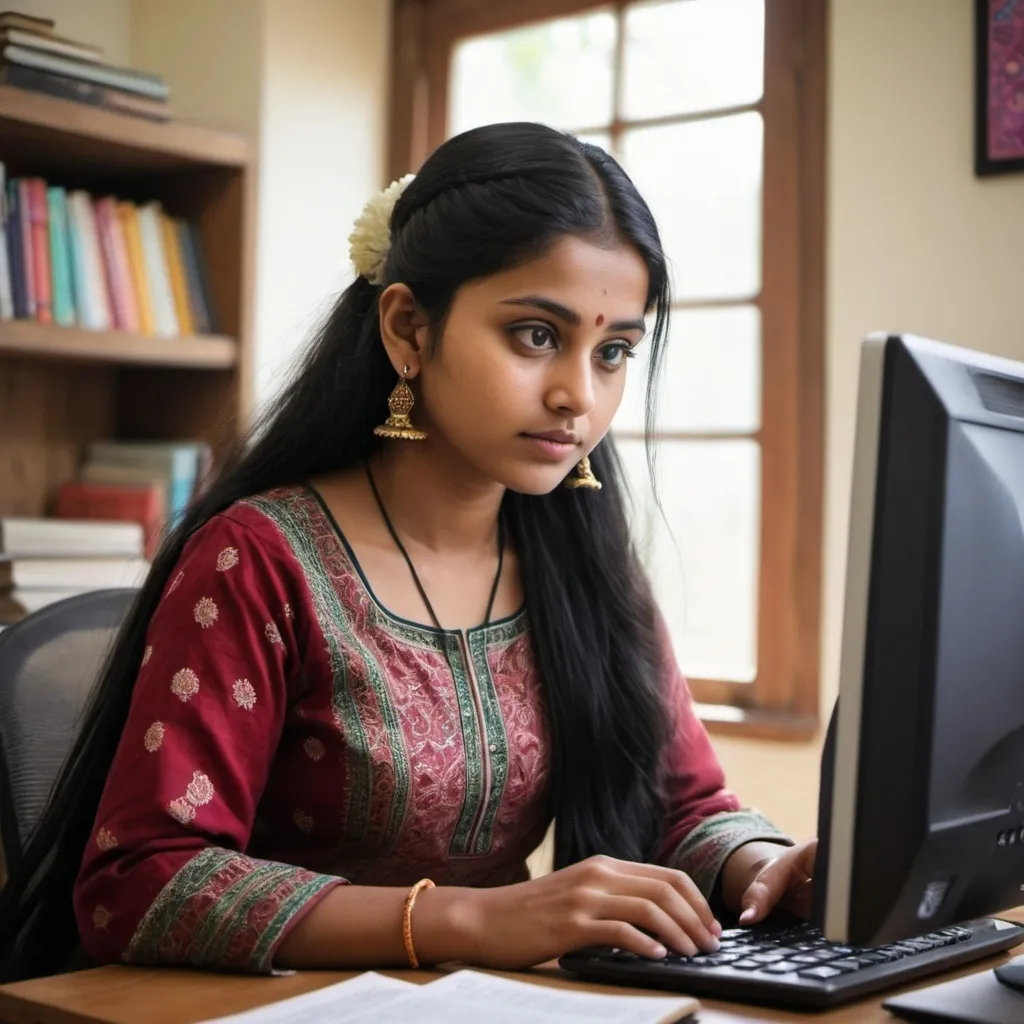 Prompt: "A Bangladeshi girl sitting in front of a computer, working diligently. She has long black hair tied back, and she wears traditional Bangladeshi attire, such as a salwar kameez, with intricate patterns. The background shows a cozy, well-lit room with a few books on a shelf and a cup of tea beside her. The computer screen displays code or digital marketing tools, indicating she’s engaged in tech-related work. The overall mood is focused and productive, with soft natural light coming through a window."
