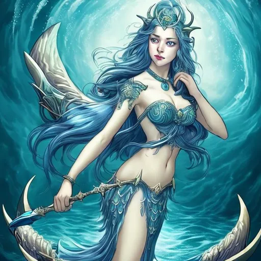 Prompt: A beautiful siren she have tale 
She have trident spear in her hands
She is angry and she have dazzling eyes