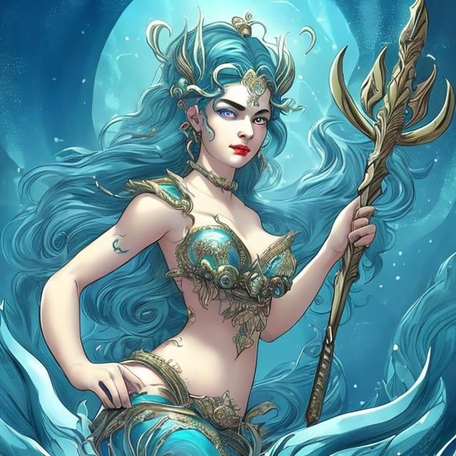 Prompt: A beautiful siren she have tale 
She have trident spear in her hands
She is angry and she have dazzling eyes