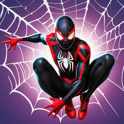 Prompt: Miles Morales style Spider-Man shooting a web, dynamic birthday party background, vibrant colors, with text "vem ter comigo lançar teias ao Hello Park no dia 27, as 10.30!"